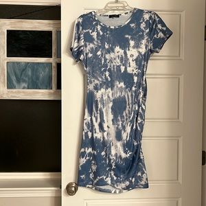 Blue & white tye dye ruched side, tulip hemmed dress